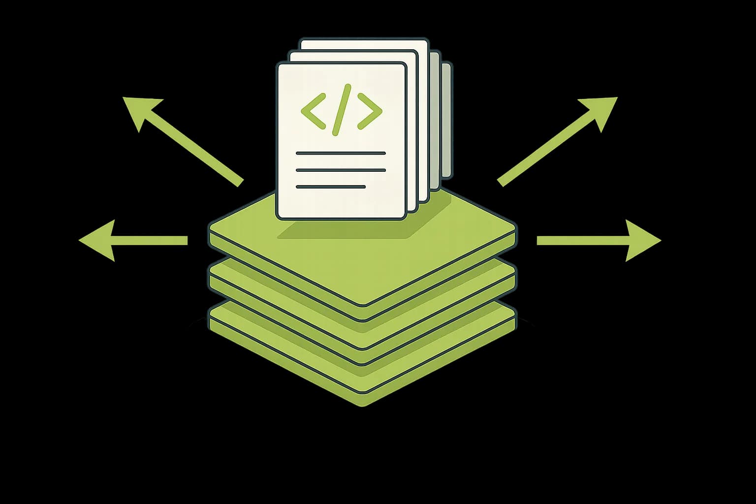 Flat vector illustration of layered geometric plates and pre-built page icons on a CDN cloud shape with distribution arrows radiating outward