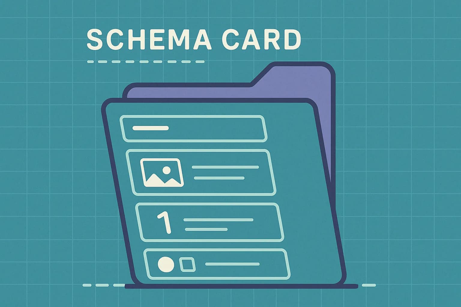 Flat vector illustration of a blueprint-style schema card with rows of field-type icons stacked inside a folder icon