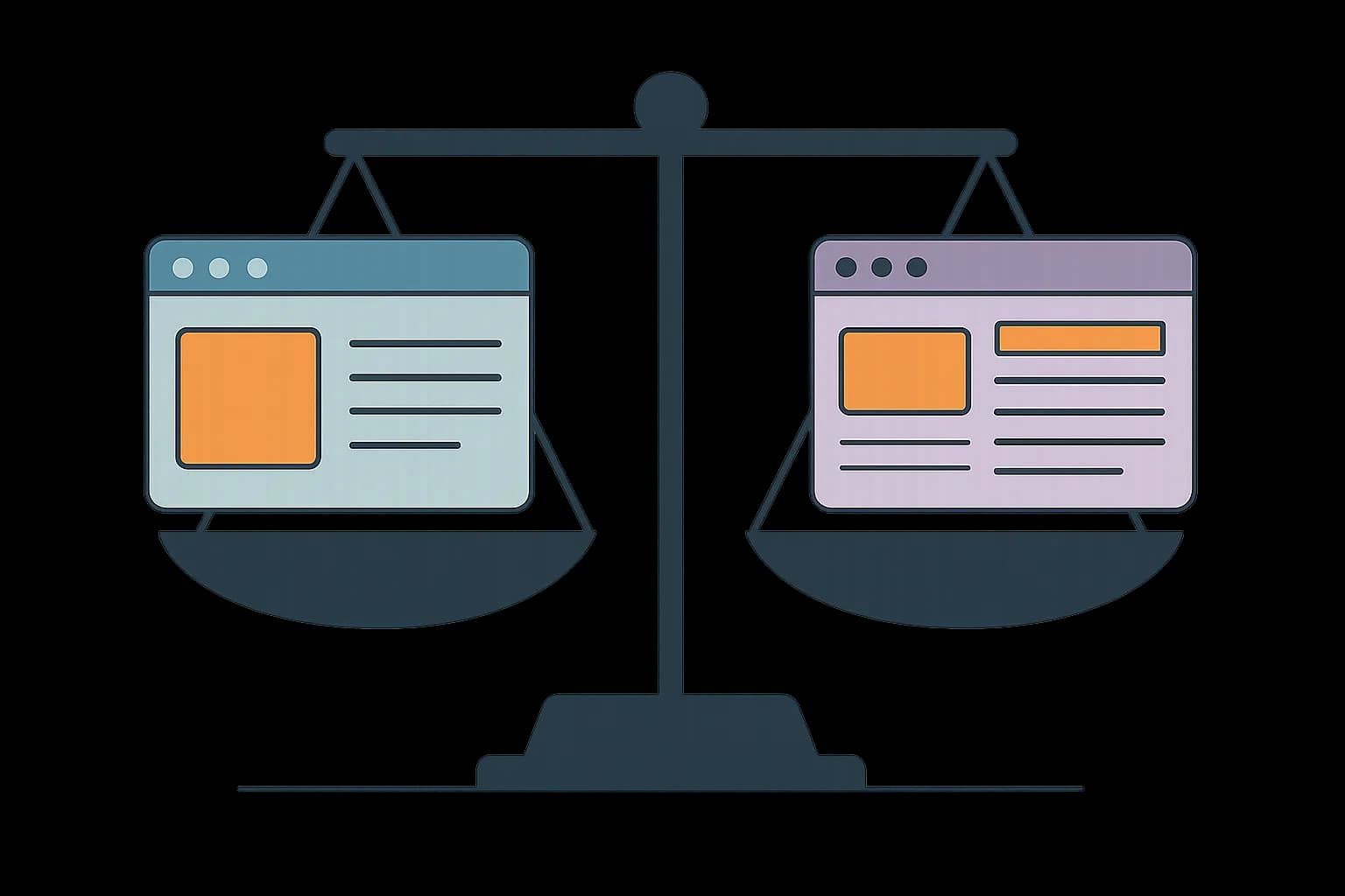 Flat vector illustration of a scale weighing two abstract CMS platform icons against each other, representing Sanity alternatives comparison