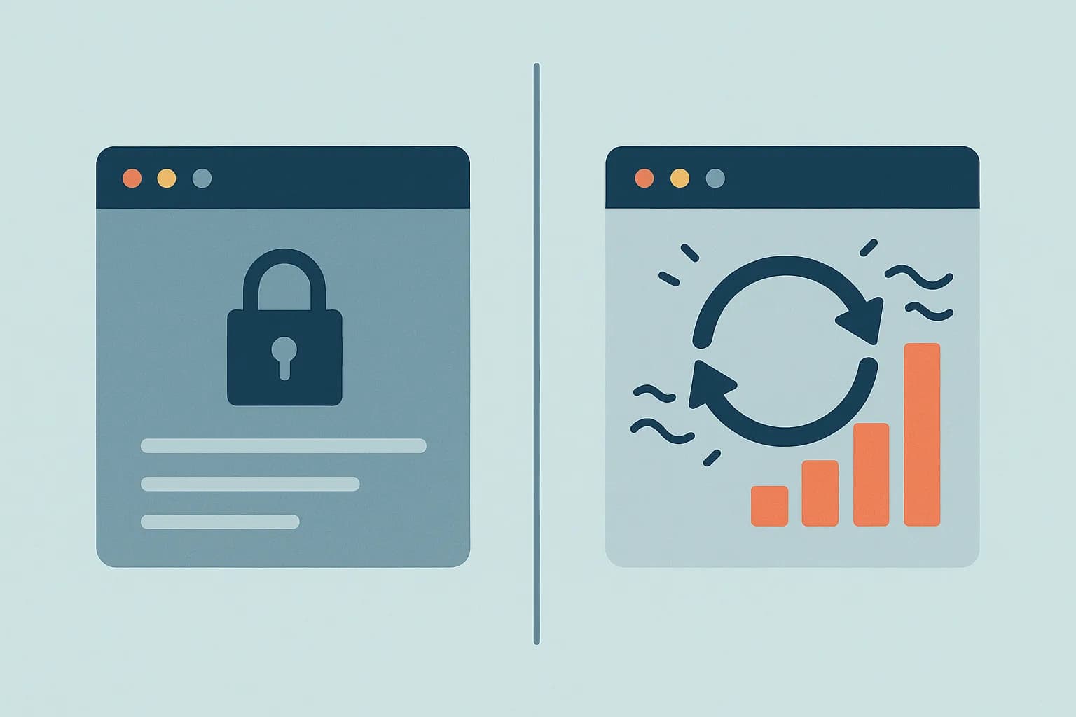 Flat vector illustration of two contrasting website layout icons, one static with a lock, one dynamic with pulsing refresh arrows, representing static vs dynamic websites