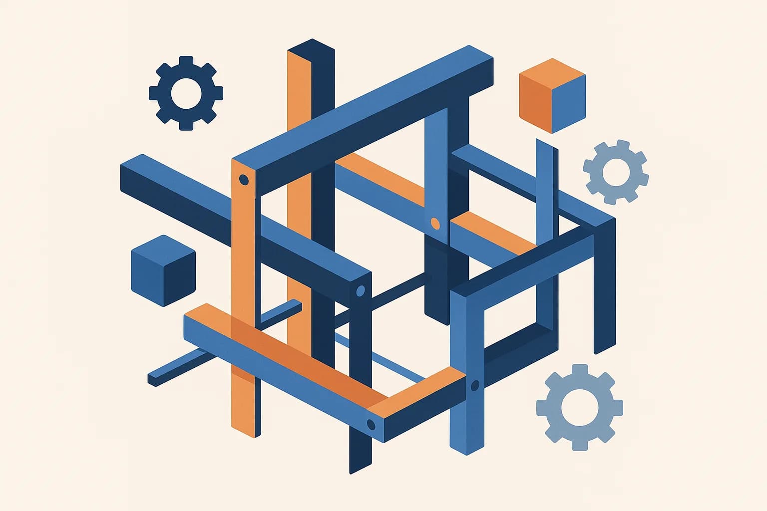 Flat vector illustration of an abstract geometric framework scaffold with interlocking beams, modular blocks, and gear icons, representing a software framework