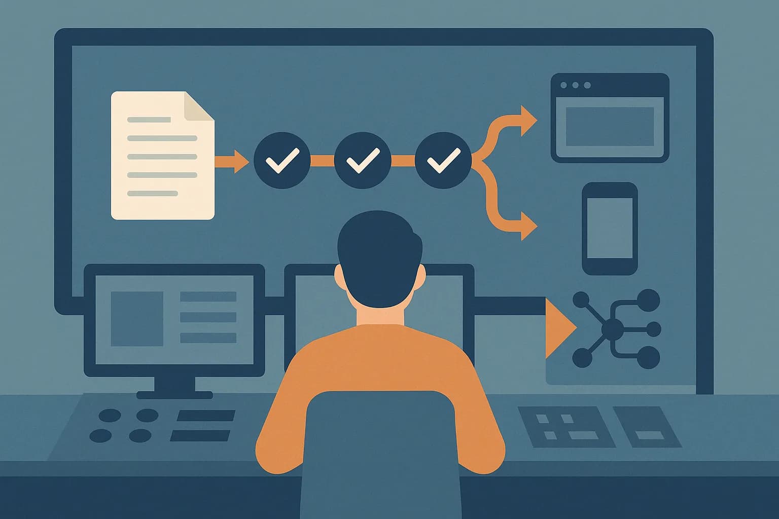 Flat vector illustration of a content operations dashboard showing a pipeline from a document through approval checkmarks into web, mobile, and API output channels