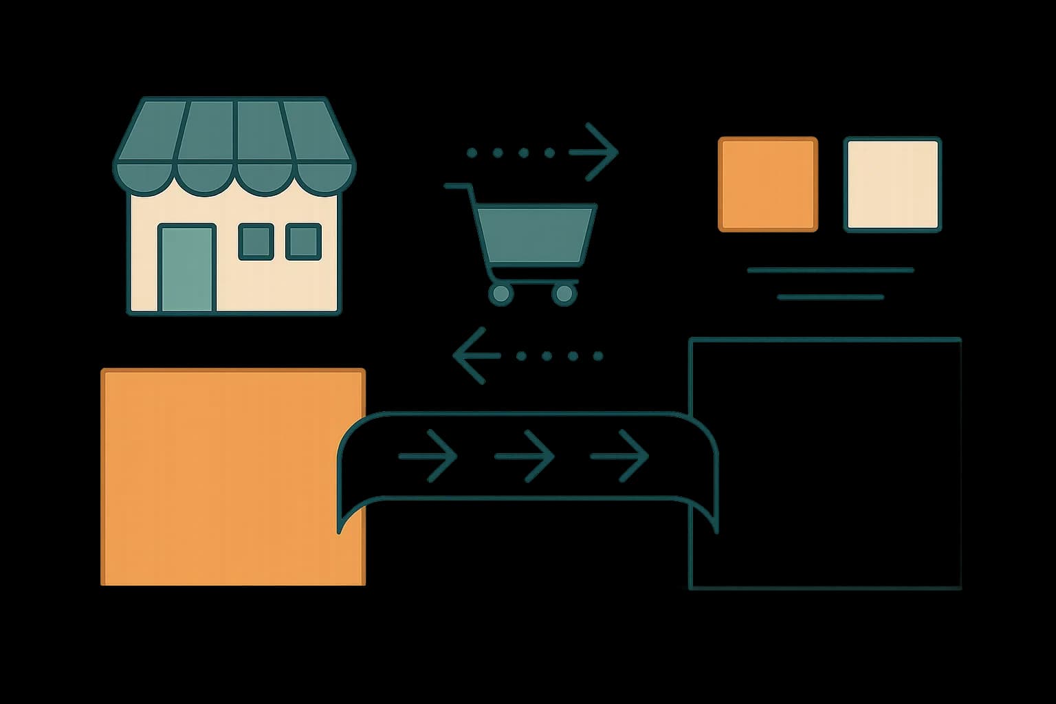 Flat vector illustration of an ecommerce store migrating across a bridge from one platform to another, with shopping cart and product icons moving between systems