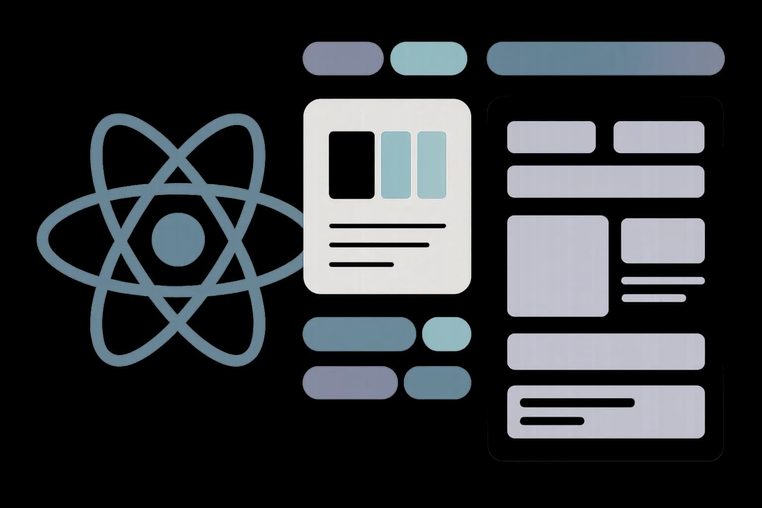 Flat vector illustration of a React atom logo beside a UI component library grid of buttons, cards, and inputs with color swatch chips