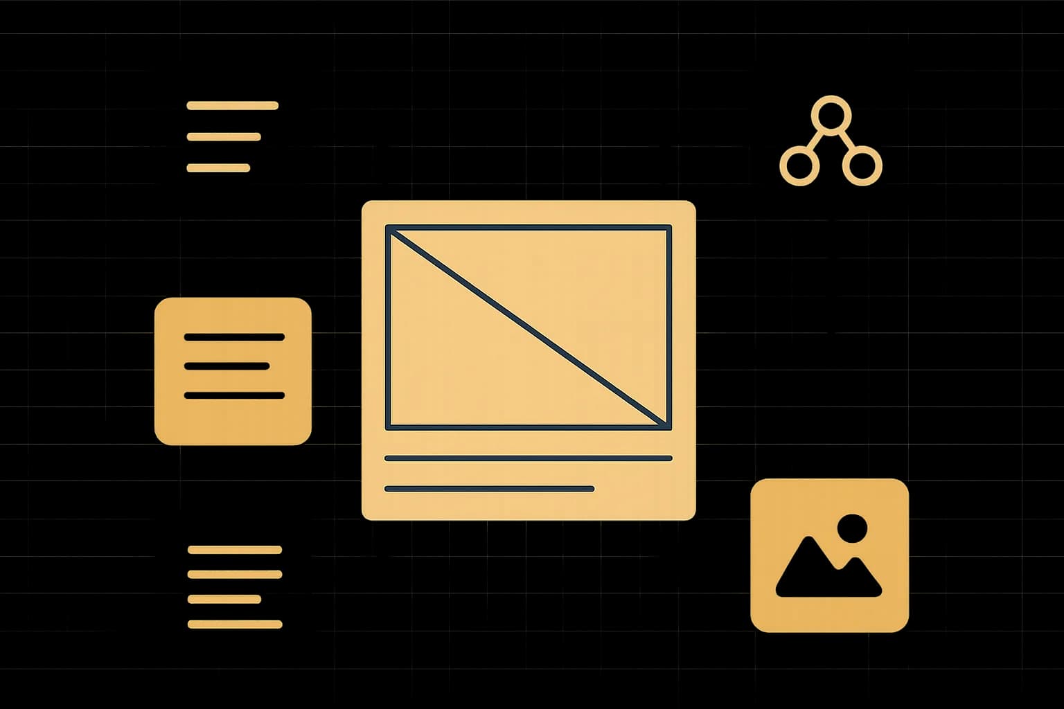 Flat vector illustration of a content model schema diagram with interconnected field-type nodes linked into a template blueprint