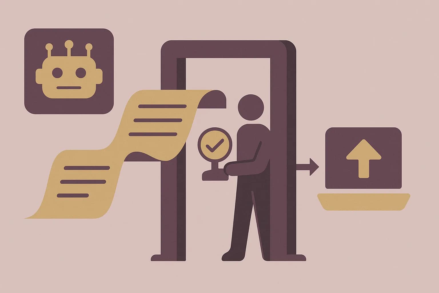 Flat vector illustration of a document flowing from an AI icon through a checkpoint gate with a human holding a checkmark stamp before publishing