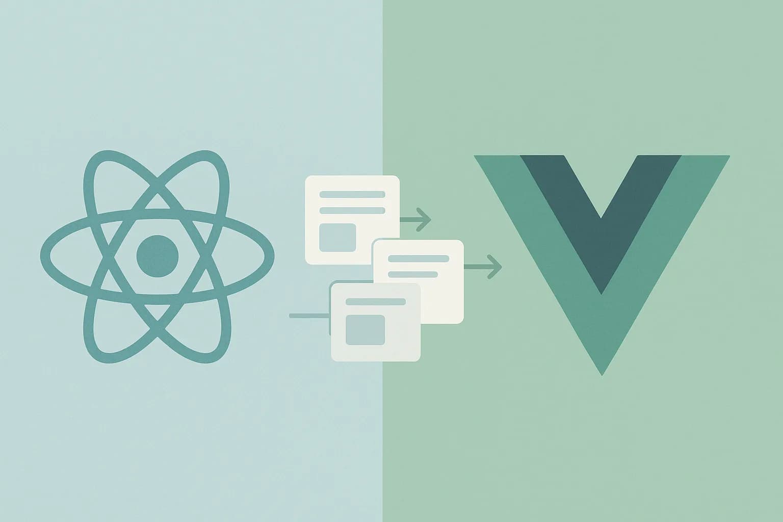 Flat vector illustration of a React atom icon facing a Vue chevron icon with content cards flowing between them
