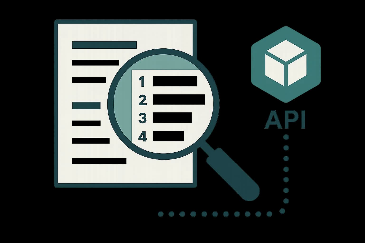 Flat vector illustration of a content document with a magnifying glass revealing a search results ranking list connected to a headless CMS API icon