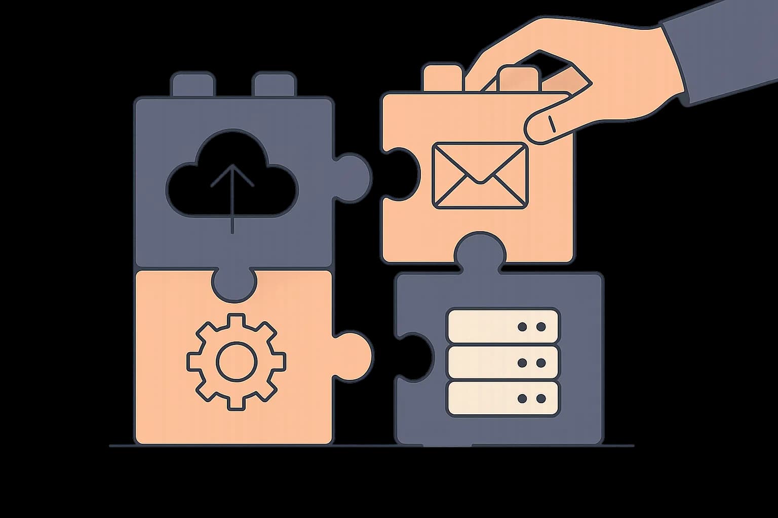 Flat vector illustration of interlocking modular building blocks each representing a service being assembled into a larger connected system