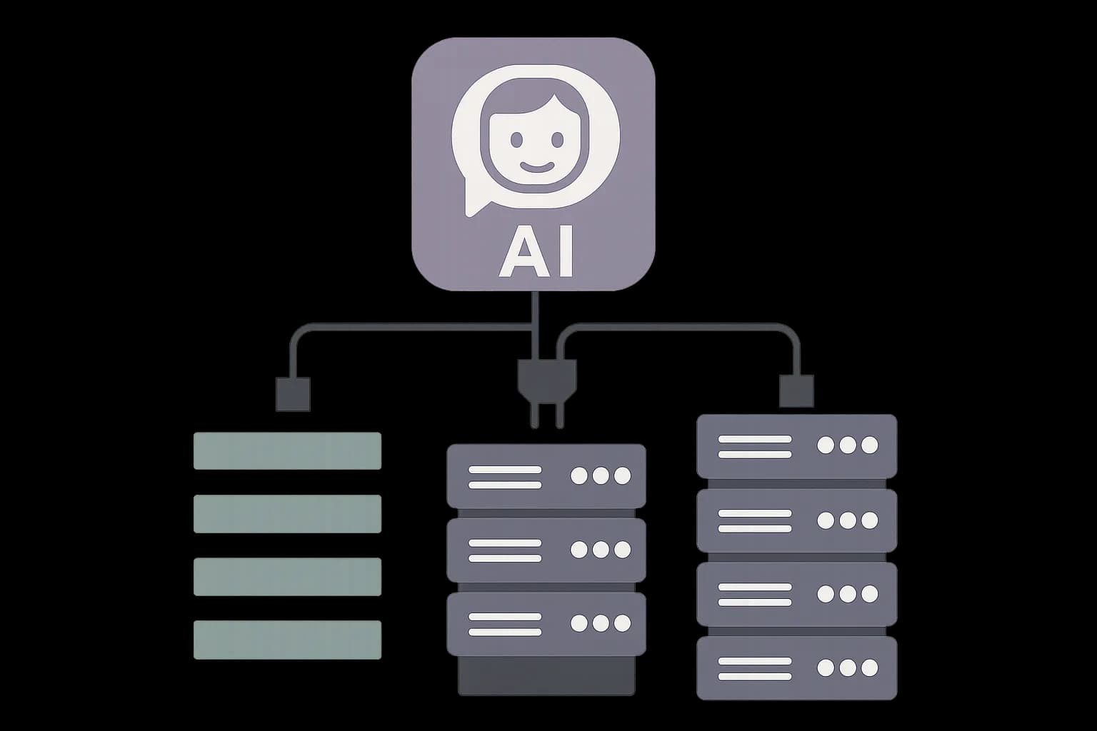 Flat vector illustration of a central AI assistant icon connected via plug connectors to several server rack icons in a ranked list