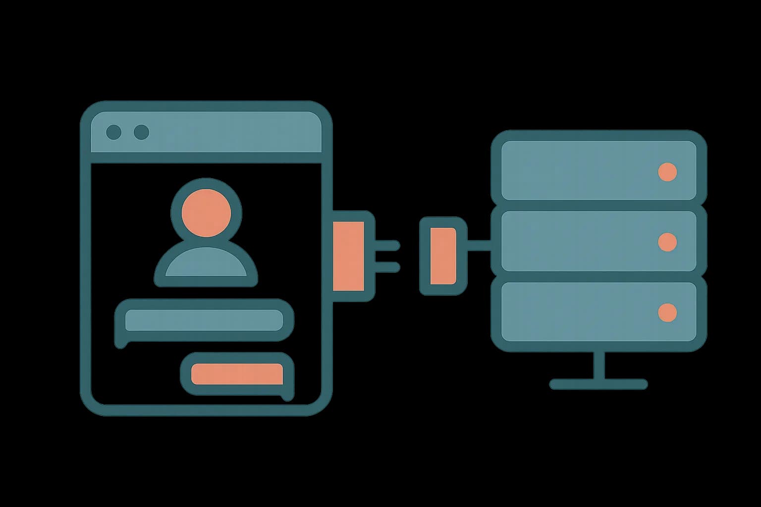 Flat vector illustration of a chat assistant application window connected by a plug-and-socket connector to a distant server icon